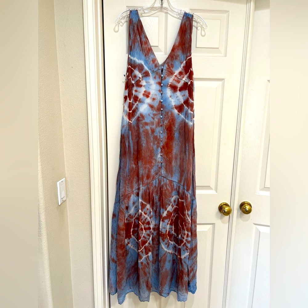 Young Fabulous & Broke Raquel Maxi Dress in Blue Fog and brown tie and d…
